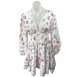 NEW Commense White Floral Balloon Sleeve Lace V-Neck Mini Fit & Flare Dress XS